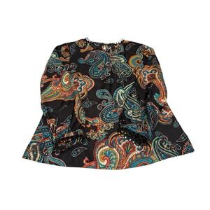 J.Crew 100% Silk Women's Size 4P‎ Twill Top In Bold Paisley Print Black ECU